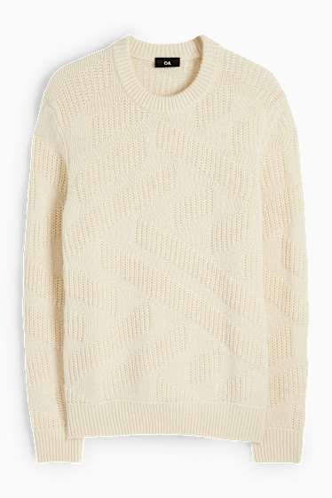 Pánské - Svetr - vlněná směs - ze strukturovaného materiálu - krémově bílá