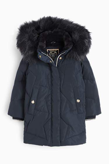 Children Girls - Down jacket with hood and faux fur trim - dark blue