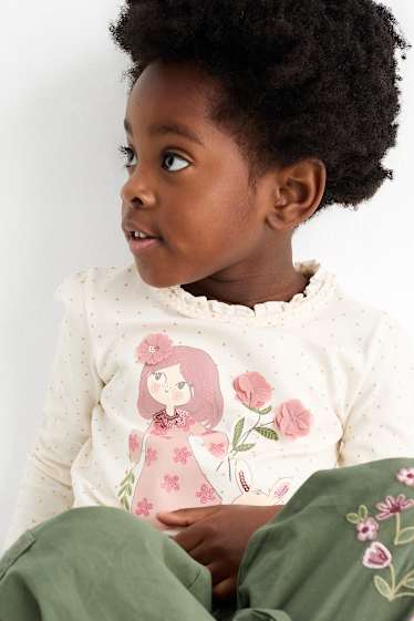 Kinder Mädchen - Blumenmädchen und Hase - Langarmshirt - gepunktet - cremeweiss