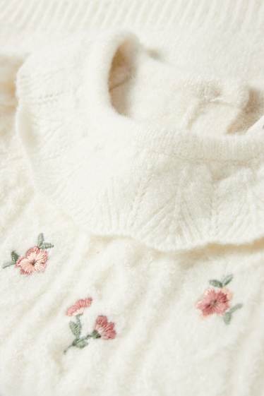 Baby Mädchen - Blümchen - Baby-Pullover - Zopfmuster - cremeweiß