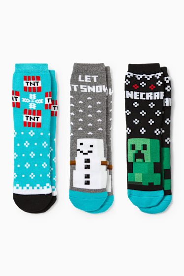 Kinderen: jongens - Set van 3 paar - Minecraft - warme sokken voor de kerst, met motief - grijs / zwart