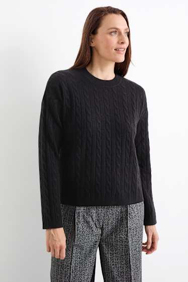 Damen - Pullover mit Kaschmir-Anteil - Woll-Mix - Zopfmuster - schwarz