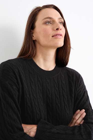 Damen - Pullover mit Kaschmir-Anteil - Woll-Mix - Zopfmuster - schwarz