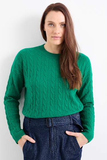 Damen - Pullover mit Kaschmir-Anteil - Woll-Mix - Zopfmuster - grün
