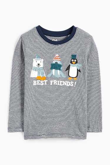 Kinder Jungen - Walross, Eisbär und Pinguin - Langarmshirt - gestreift - dunkelblau
