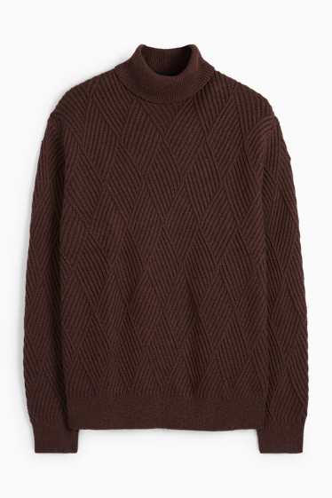 Hommes - Pull à col roulé - texturé - marron foncé