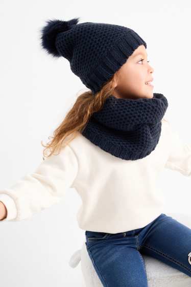 Kinder Mädchen - Set - Bommelmütze und Loop Schal - 2 teilig - dunkelblau