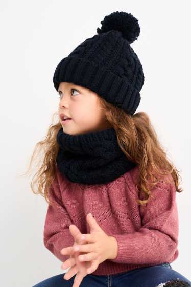 Kinderen: jongens - Set - muts met pompon en colsjaal - 2-delig - kabelpatroon - donkerblauw