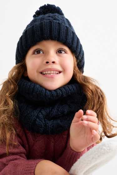 Kinderen: jongens - Set - muts met pompon en colsjaal - 2-delig - kabelpatroon - donkerblauw