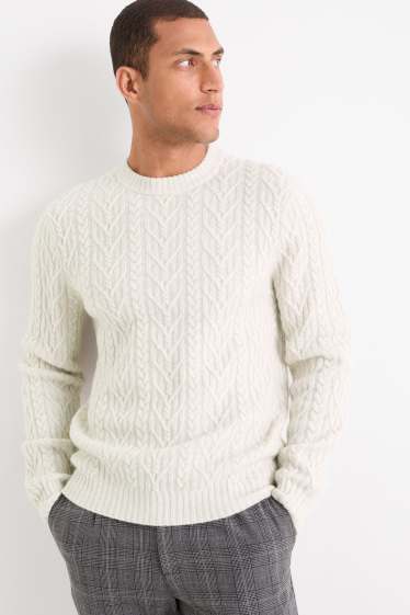 Herren - Pullover mit Kaschmir-Anteil - Woll-Mix - Zopfmuster - cremeweiß