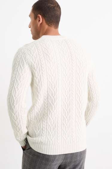 Herren - Pullover mit Kaschmir-Anteil - Woll-Mix - Zopfmuster - cremeweiß
