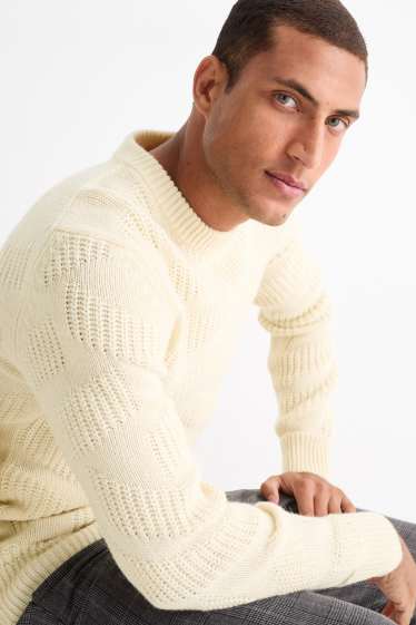 Pánské - Svetr - vlněná směs - ze strukturovaného materiálu - krémově bílá