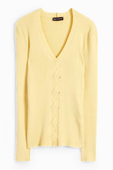 Damen - Pullover mit V-Ausschnitt - Zopfmuster - gerippt - gelb
