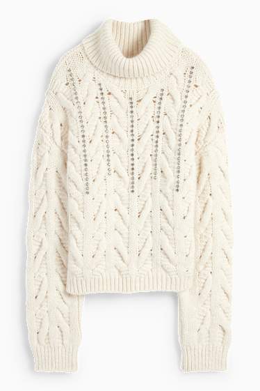 Damen - Rollkragenpullover mit Strasssteinen - Zopfmuster - cremeweiß