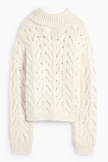 Damen - Rollkragenpullover mit Strasssteinen - Zopfmuster - cremeweiß