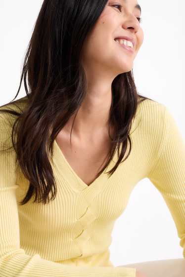 Damen - Pullover mit V-Ausschnitt - Zopfmuster - gerippt - gelb