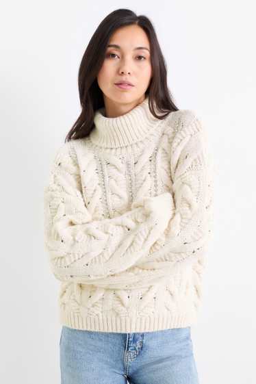 Damen - Rollkragenpullover mit Strasssteinen - Zopfmuster - cremeweiß