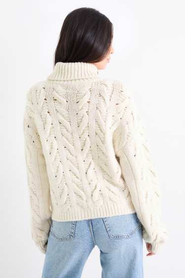 Damen - Rollkragenpullover mit Strasssteinen - Zopfmuster - cremeweiß