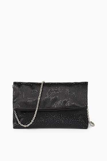 Dames - Schoudertas met strass steentjes en afneembare draagriem - zwart