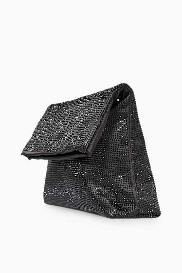 Dames - Schoudertas met strass steentjes en afneembare draagriem - zwart