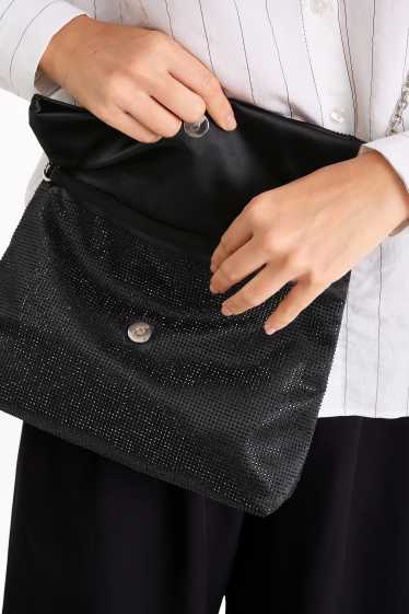 Dames - Schoudertas met strass steentjes en afneembare draagriem - zwart