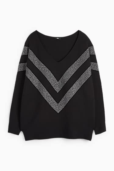 Femei - Pulover cu decolteu în V - reiat - negru