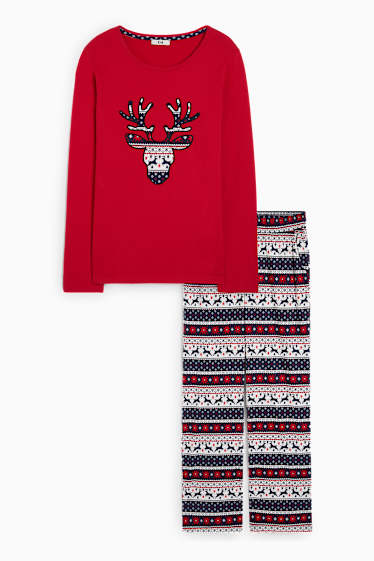 Damen - Weihnachts-Pyjama - Rentier - dunkelrot