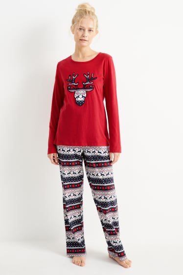Damen - Weihnachts-Pyjama - Rentier - dunkelrot