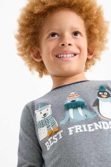 Kinder Jungen - Walross, Eisbär und Pinguin - Langarmshirt - gestreift - dunkelblau