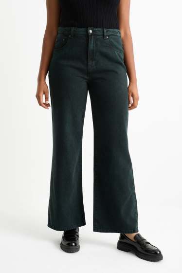 Damen - Wide Leg Jeans - High Waist - dunkelgrün