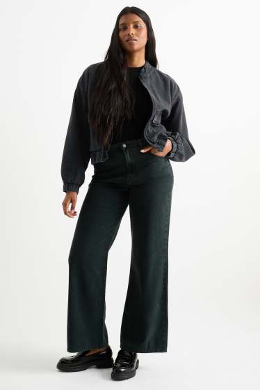 Damen - Wide Leg Jeans - High Waist - dunkelgrün