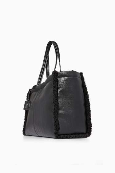 Damen - Großer Shopper - Lederimitat - schwarz