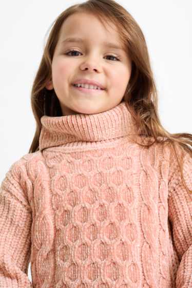 Enfants filles - Pull à col roulé en maille chenille - côtelé - motif tressé - rose foncé