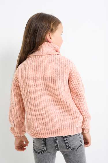 Enfants filles - Pull à col roulé en maille chenille - côtelé - motif tressé - rose foncé