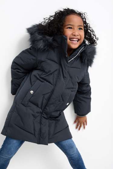 Children Girls - Down jacket with hood and faux fur trim - dark blue