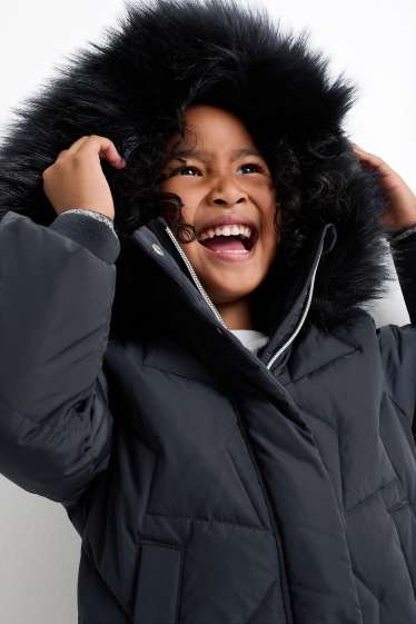 Children Girls - Down jacket with hood and faux fur trim - dark blue