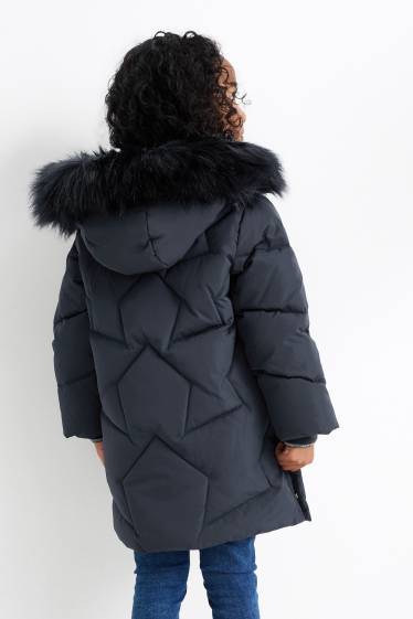 Children Girls - Down jacket with hood and faux fur trim - dark blue