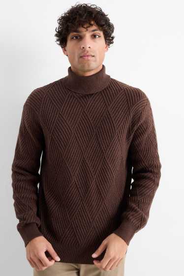 Hommes - Pull à col roulé - texturé - marron foncé