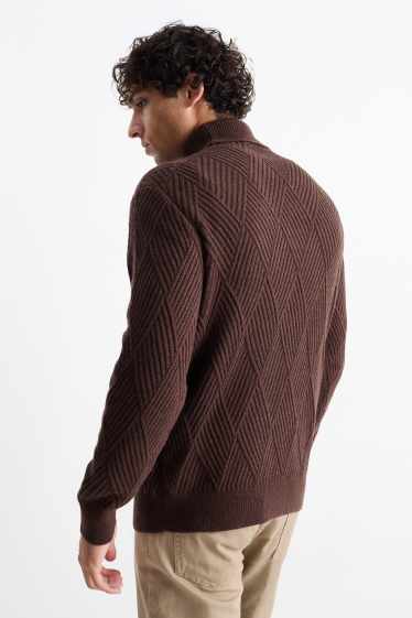 Hommes - Pull à col roulé - texturé - marron foncé