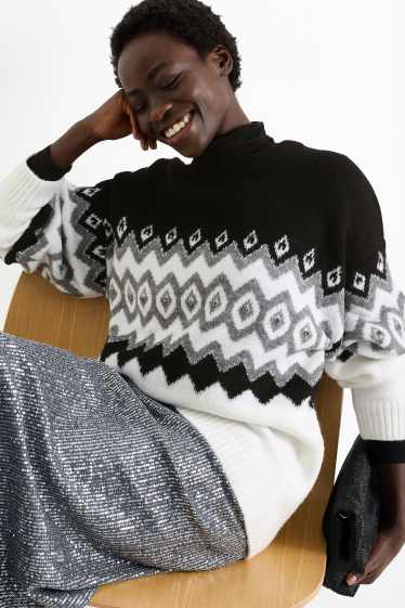 Damen - Pullover mit Strasssteinen - gemustert - schwarz / weiß