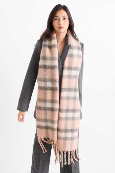 Donna - Sciarpa con frange - a quadretti - rosa