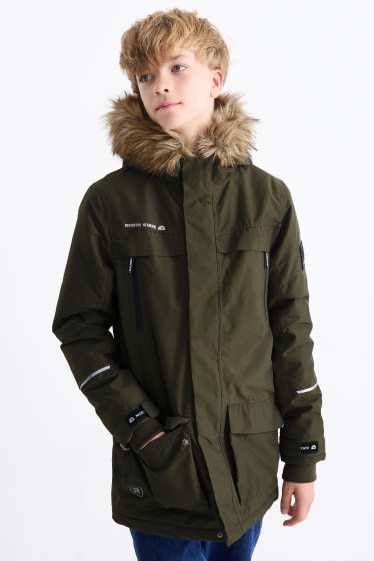 Bambini - Parka con cappuccio e inserto in ecopelliccia - inverno - impermeabile - verde scuro