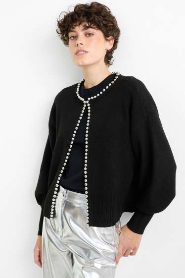 Women - Cardigan - ribbed - black