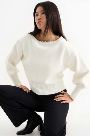 Kobiety - Sweter - w prążki - kremowobiały