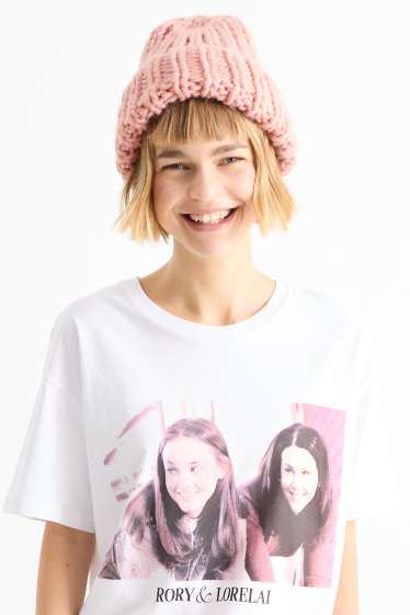 Femmes - Bonnet rond - côtelé - rose