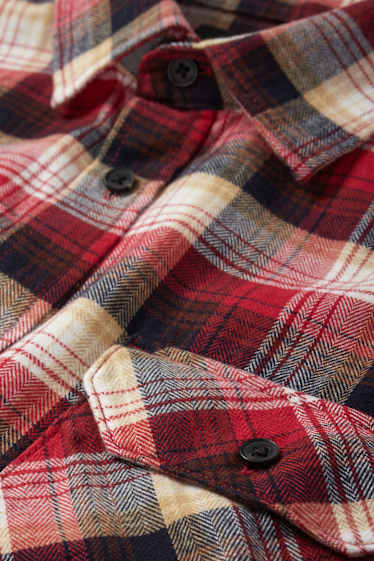 Uomo - Camicia di flanella - regular fit - collo all'italiana - a quadretti - rosso scuro