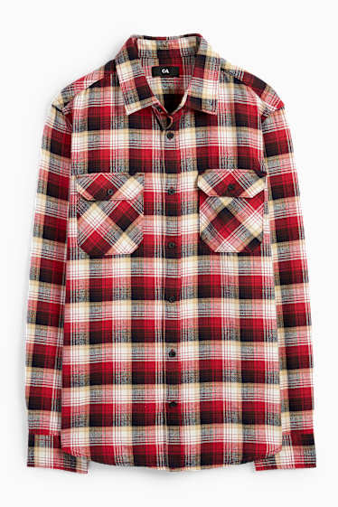 Uomo - Camicia di flanella - regular fit - collo all'italiana - a quadretti - rosso scuro