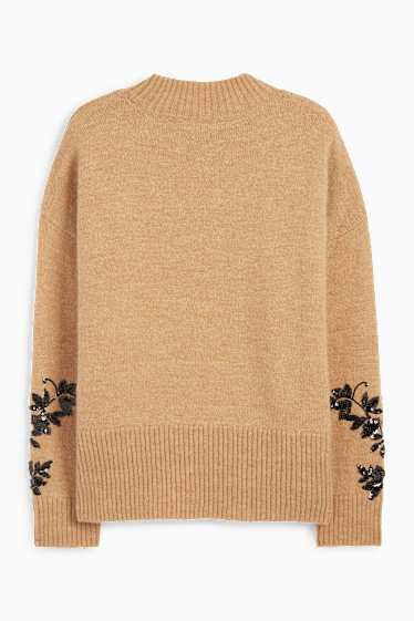 Damen - Pullover mit Stehkragen - Glanz-Effekt - geblümt - beige