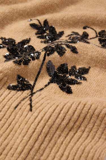 Damen - Pullover mit Stehkragen - Glanz-Effekt - geblümt - beige