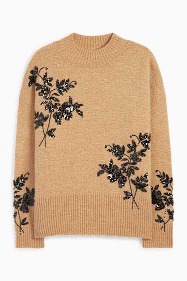 Damen - Pullover mit Stehkragen - Glanz-Effekt - geblümt - beige